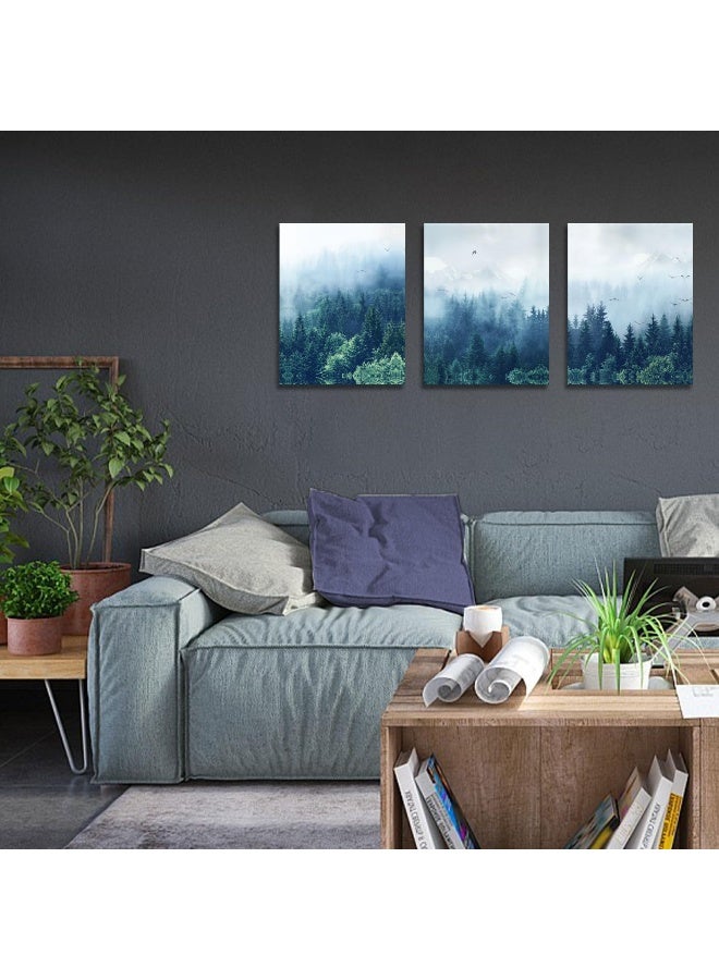 Arjun Foggy Forest Canvas Wall Art Misty Mountain Indigo Pictures Nature Navy Blue Painting Tree Landscape Artwork Framed for Bathroom Living Room Bedroom Home Office Wall Decor, 12"x16"x3 pcs - Image 2