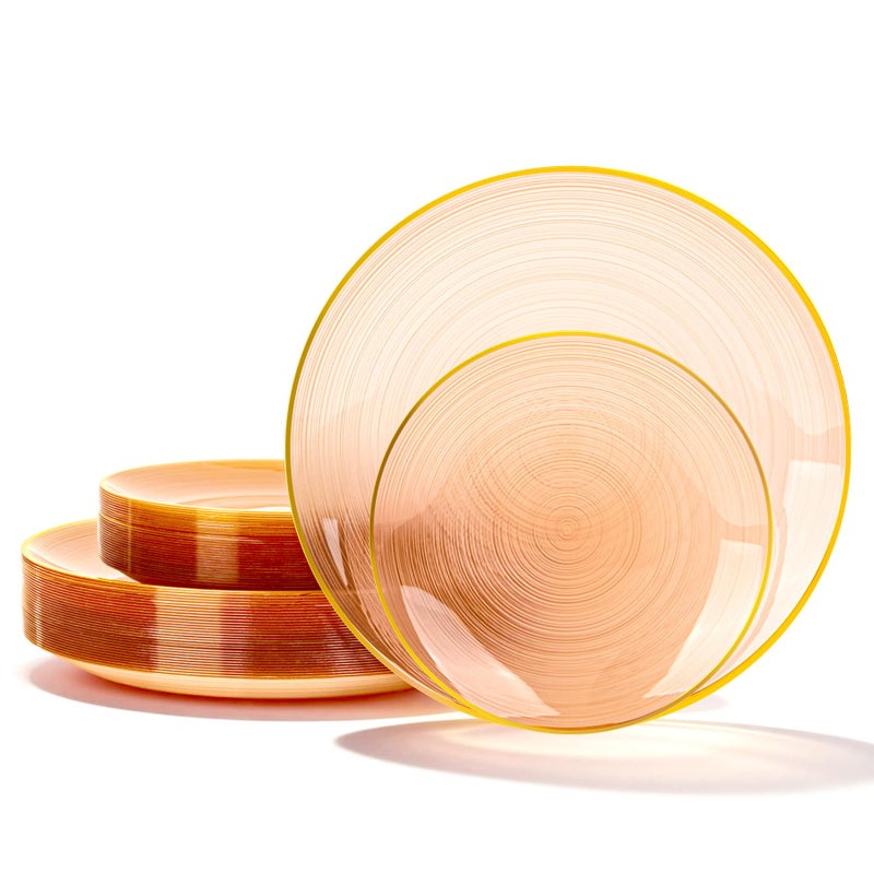 N9R 60PCS Orange Plastic Plates with Gold Rim, Elegant Disposable Plates, Circular Ribbed Design, 30 Dinner & 30 Dessert Plate for Parties, Weddings, Banquets and Events (Translucent Orange) - Image 1
