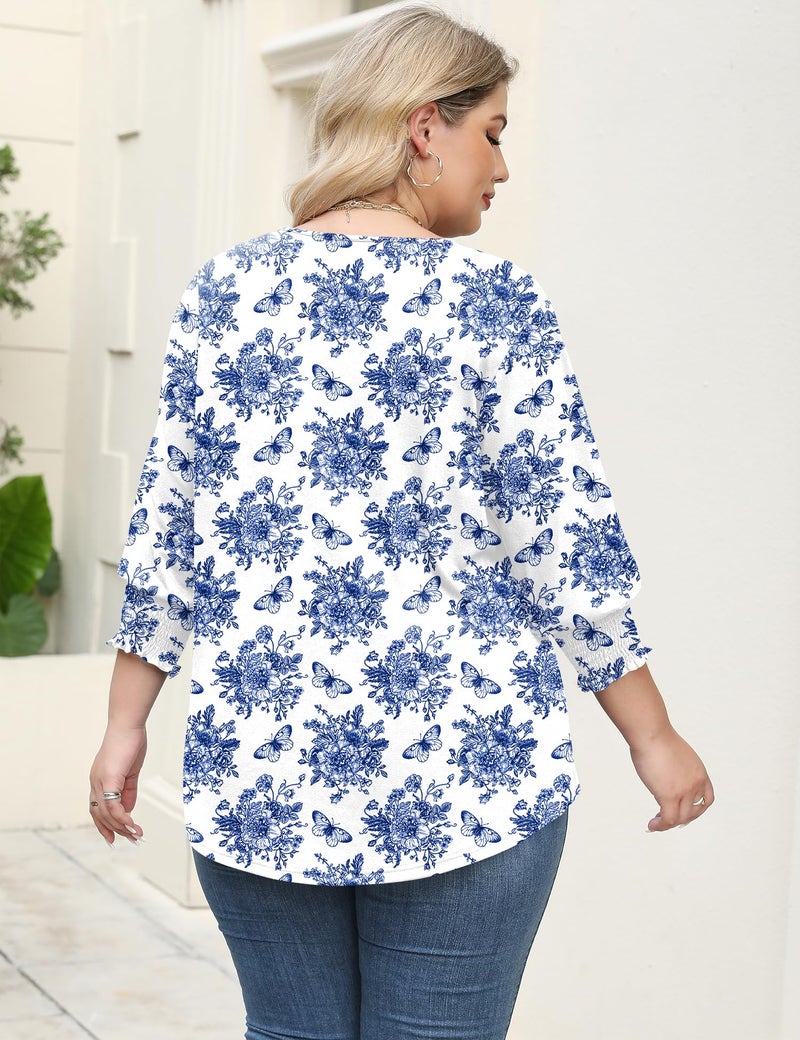 Rapbin 4X Womens Tops Plus Size Fashion Floral Printed Loose V Neck 3/4 Length Sleeve Shirts Peasant Blouse 2025 Summer Outfits (Blue Floral 4XL) - Image 4