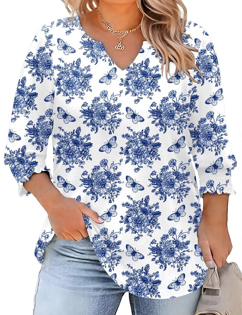 Rapbin 4X Womens Tops Plus Size Fashion Floral Printed Loose V Neck 3/4 Length Sleeve Shirts Peasant Blouse 2025 Summer Outfits (Blue Floral 4XL) - Image 1