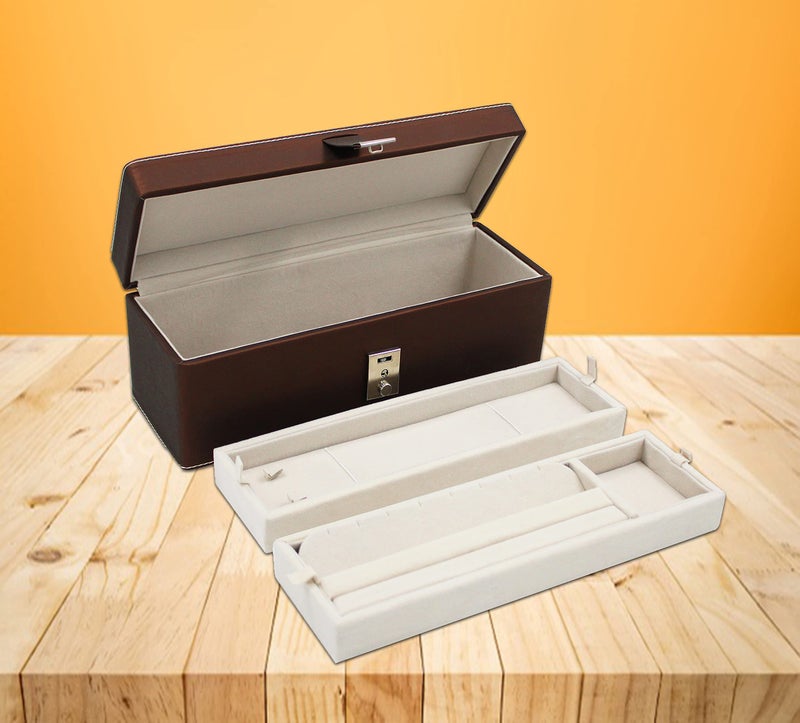 atorakushon Pu Leather Jewelry Organizer Locker Box Set for Women and Girls for Necklaces Earring Ring Chains and Bangle with 2 Tray Travel Storage (Brown) - Image 2