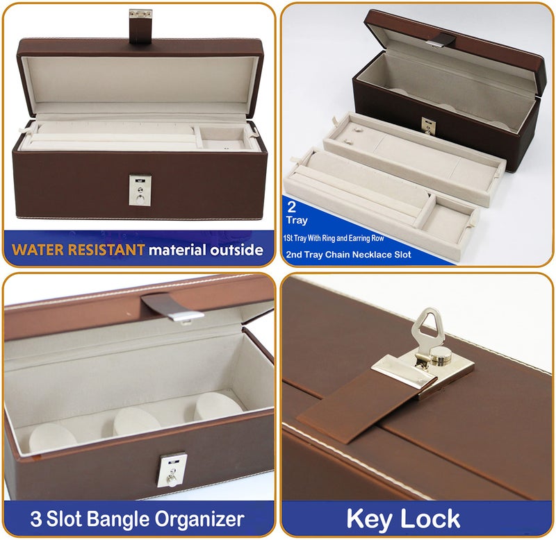 atorakushon Pu Leather Jewelry Organizer Locker Box Set for Women and Girls for Necklaces Earring Ring Chains and Bangle with 2 Tray Travel Storage (Brown) - Image 3