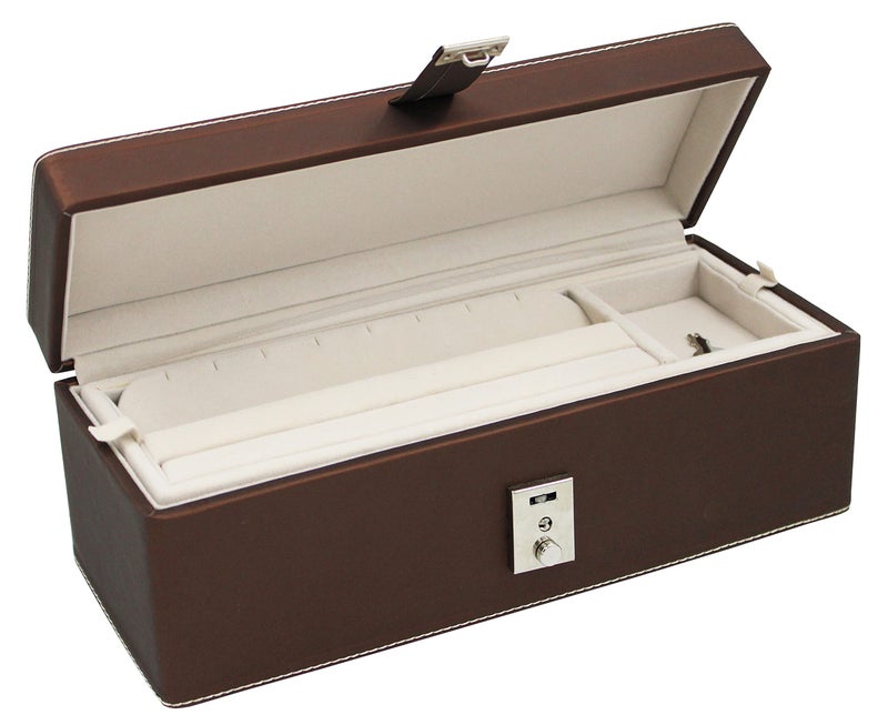 atorakushon Pu Leather Jewelry Organizer Locker Box Set for Women and Girls for Necklaces Earring Ring Chains and Bangle with 2 Tray Travel Storage (Brown) - Image 1