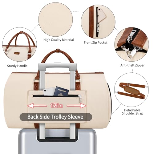 TIBES Convertible Garment Duffle Bags for Travel - Carry On Garment Bags With Toiletry Bag, Large Weekender Bags for Women Men 2 in 1 Hanging Suitcase Suit Travel Duffel (Off White) - Image 4