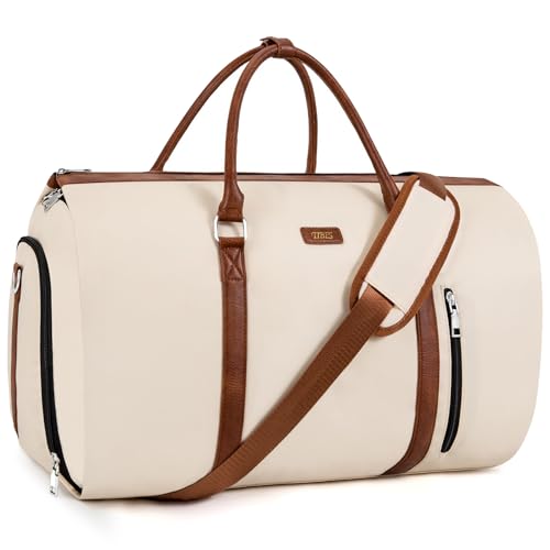 TIBES Convertible Garment Duffle Bags for Travel - Carry On Garment Bags With Toiletry Bag, Large Weekender Bags for Women Men 2 in 1 Hanging Suitcase Suit Travel Duffel (Off White) - Image 1