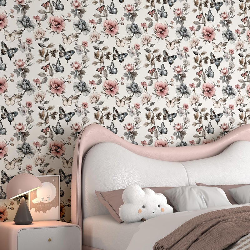 PeonyQueen Floral Wallpaper Peel and Stick Wallpaper 17.3"x78.8" Boho Contact Paper for Cabinets and Drawers Colorful Self Adhesive Removable Wall Paper for Bedroom Butterfly Flower Wallpapers Vinyl Roll - Image 4