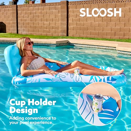 SLOOSH Pool Lounge Float Adult, Inflatable Pool Floats Lounger Raft Floaties Water Floating Recliner Chair with Cup Holders Foot Rest Swimming Floaty, Blue - Image 5