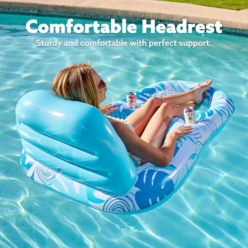 SLOOSH Pool Lounge Float Adult, Inflatable Pool Floats Lounger Raft Floaties Water Floating Recliner Chair with Cup Holders Foot Rest Swimming Floaty, Blue - Image 2