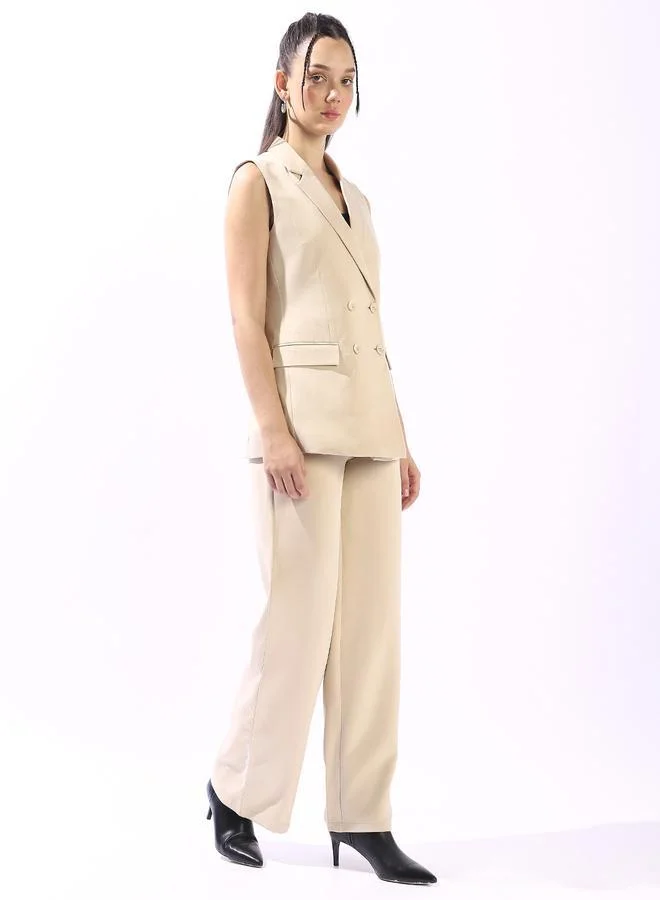 HIGH STAR Women's Beige Polyester Blend Solid Double-Breasted Button Down Vest Full Chinos Tailored Fit Co-Ords
