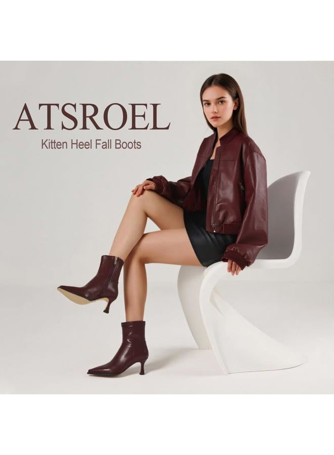 Atsroel Fall Ankle Boots For Women Kitten Heel Booties Pointed Toe Short Boots Side Zip Dressy Booties For Women Low Heel, B-burgundy, 8.5 - Image 5