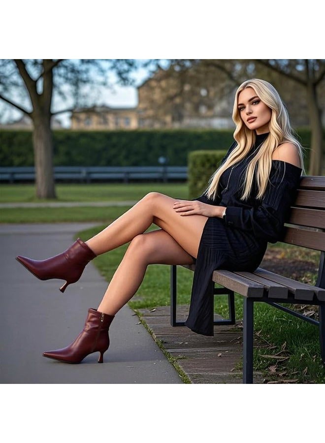 Atsroel Fall Ankle Boots For Women Kitten Heel Booties Pointed Toe Short Boots Side Zip Dressy Booties For Women Low Heel, B-burgundy, 8.5 - Image 3