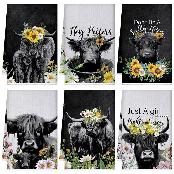 SET OF 6 HIGHLAND COW KITCHEN TOWELS HELLO HEIFERS ABSORBENT TEA DISH TOWELS 24 X 16 INCHES JUST WHO LOVES COW HAND WASHCLOTH GIFTS FOR FARMHOUSE KITCHEN BATHROOM DECORATIONS
