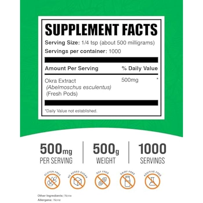 BulkSupplements.com Okra Extract Powder - Okra Supplement, Source of Fiber, Herbal Supplement - Vegan & Gluten Free, 500mg per Serving, 500g (1.1 lbs) (Pack of 1) - Image 2