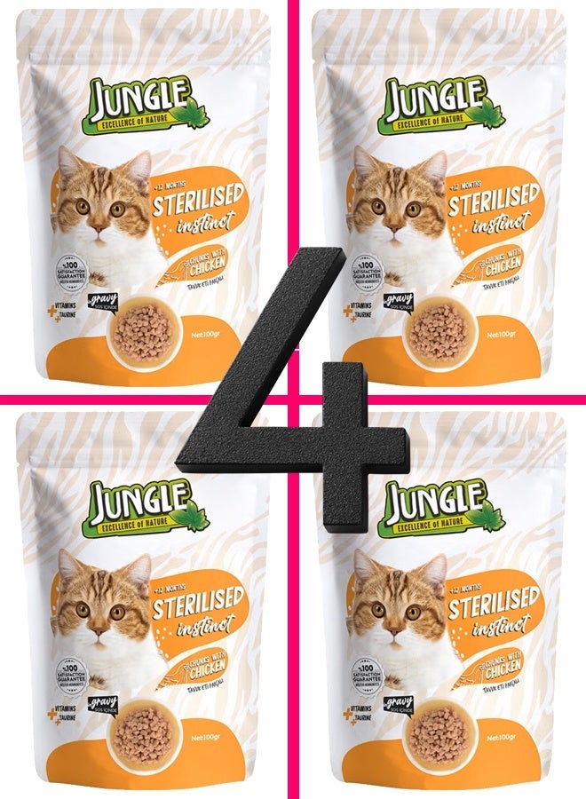 جانغل طعام جانجل الرطب المعقم بالدجاج للقطط -4 أكياس، حجم كل كيس 100 غرام - Image 1