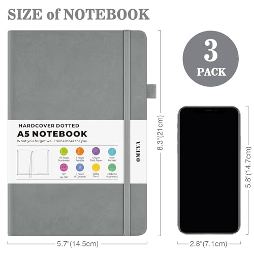OMEYA Bullet Dotted Journal Notebook 3 Pack, A5 Dotted Journal with 120gsm Paper, Leather Dotted Notebook, Hardcover Dot Grid Notebook Each with 156 Nmubered Pages, Dot Journal for Women, Men 5.75" × 8.38" - Image 5