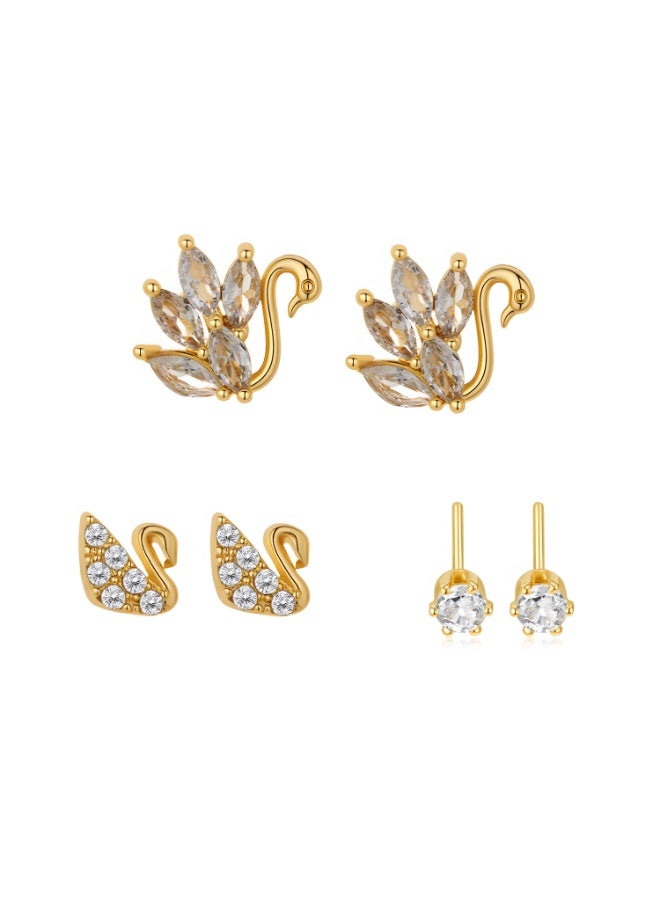 MTZ 3 Pairs Cubic Zirconia Stud Earrings Set for Women, Hypoallergenic Gold Plated Crystal Earrings, Dainty CZ Diamond Studs in Various Sizes, Sensitive Ear Friendly Jewelry Gift Box - Image 1