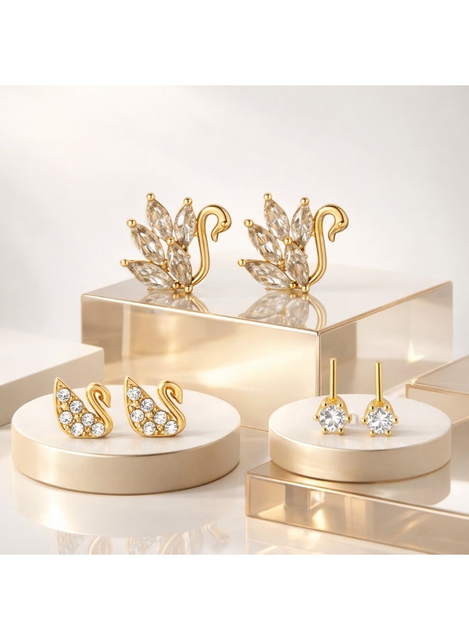 MTZ 3 Pairs Cubic Zirconia Stud Earrings Set for Women, Hypoallergenic Gold Plated Crystal Earrings, Dainty CZ Diamond Studs in Various Sizes, Sensitive Ear Friendly Jewelry Gift Box - Image 3