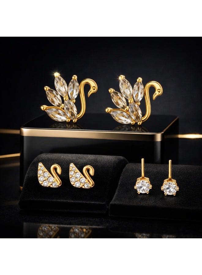 MTZ 3 Pairs Cubic Zirconia Stud Earrings Set for Women, Hypoallergenic Gold Plated Crystal Earrings, Dainty CZ Diamond Studs in Various Sizes, Sensitive Ear Friendly Jewelry Gift Box - Image 5
