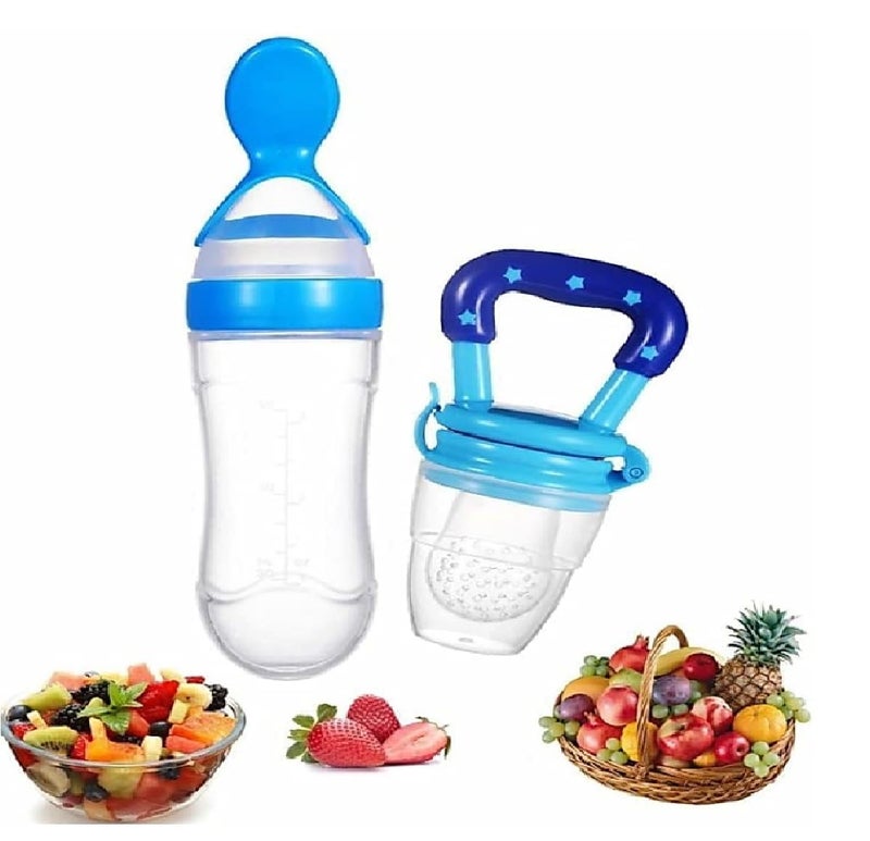 Chopchi Silicone Fruit Nibbler Pacifier 1 Pcs with 1 pcs Spoon Feeder Bottle for Infant Baby for 6+ Month Baby (2 Piece Combo Set-Blue) - Image 1
