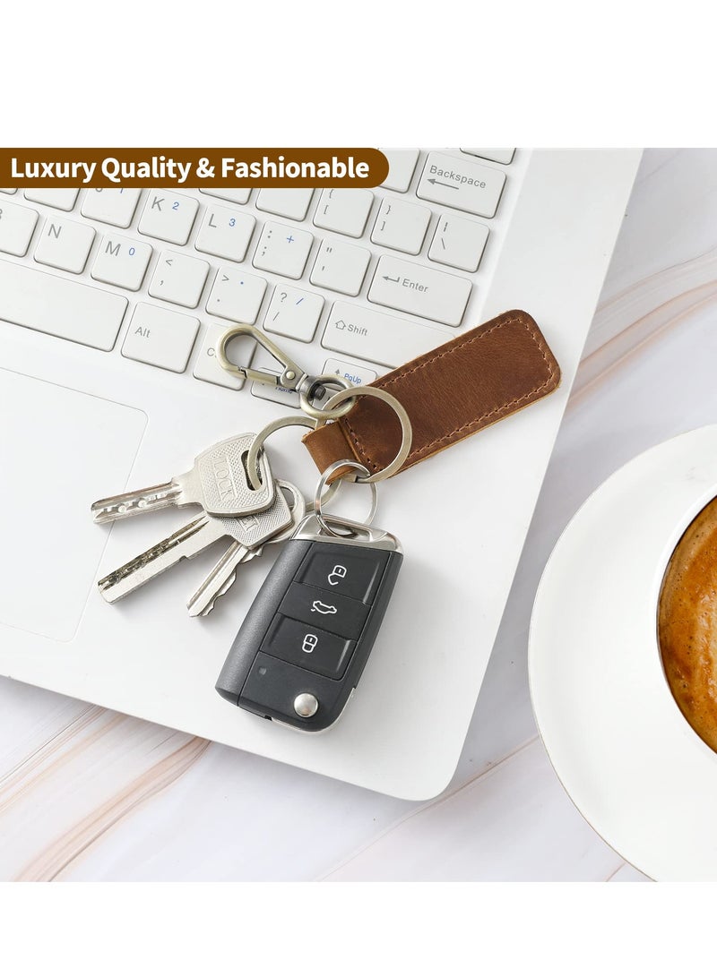 SYOSI Genuine Leather Car Keychain, 2Pcs Universal Key Fob Keychain Leather Key Chain Holder for Men and Women, 360 Degree Rotatable, with Anti-lost Ring,  Vintage Carabiner Clip (Brown)  - Image 3