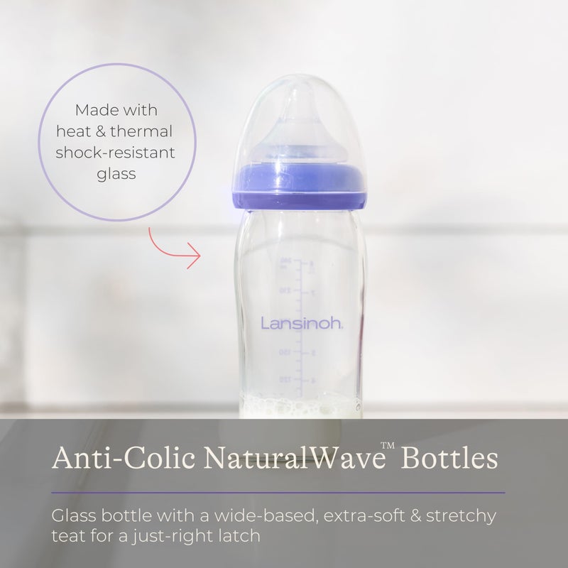 Lansinoh Glass Baby Bottle with NaturalWave Teat (240 ml), Anti-colic, Premium heat u0026 thermal shock-resistant glass, Medium Flow soft u0026 flexible silicone teat, teats are BPA u0026 BPS free, purple - Image 2