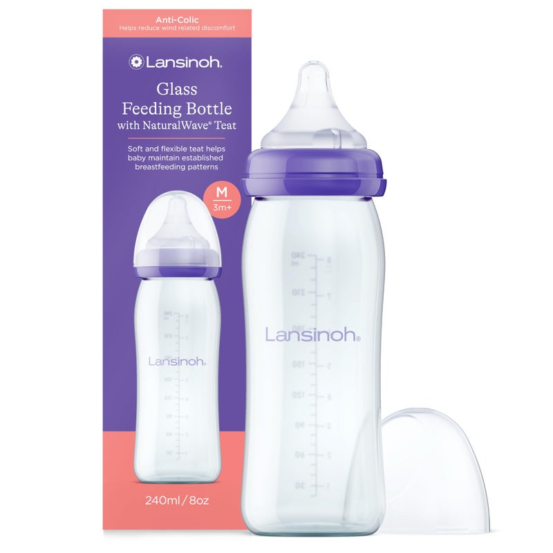 Lansinoh Glass Baby Bottle with NaturalWave Teat (240 ml), Anti-colic, Premium heat u0026 thermal shock-resistant glass, Medium Flow soft u0026 flexible silicone teat, teats are BPA u0026 BPS free, purple - Image 1