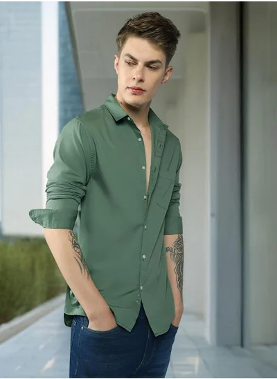 دينيس لينغو Slim Fit Green Men's Casual Shirt, Spread Collar, Full Sleeves, 100% Cotton,