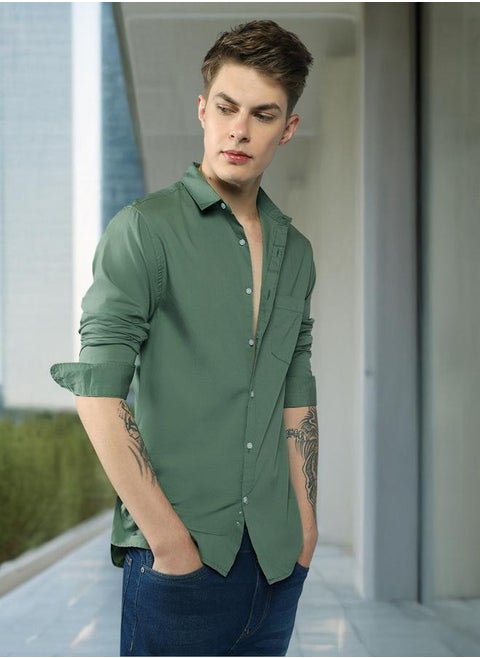Slim Fit Green Men's Casual Shirt, Spread Collar, Full Sleeves, 100% Cotton,