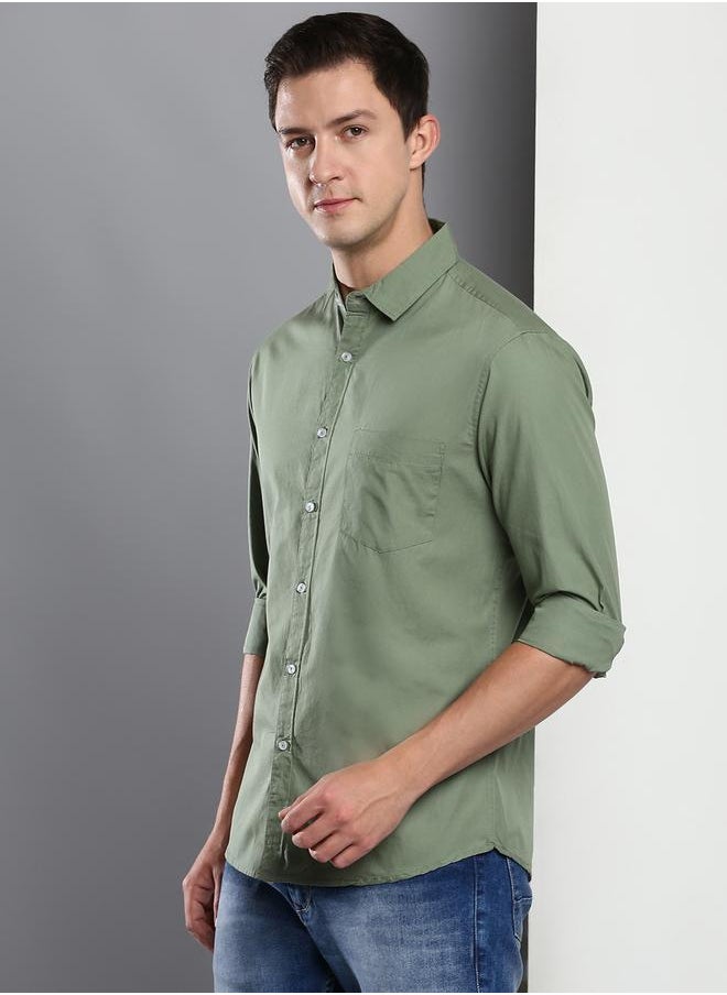 Dennis Lingo - Slim Fit Green Men's Casual Shirt, Spread Collar, Full Sleeves, 100% Cotton, - Image 1