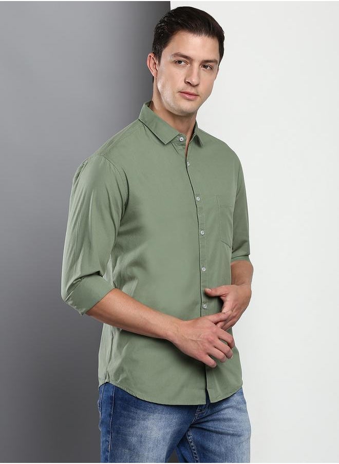 Dennis Lingo - Slim Fit Green Men's Casual Shirt, Spread Collar, Full Sleeves, 100% Cotton, - Image 1