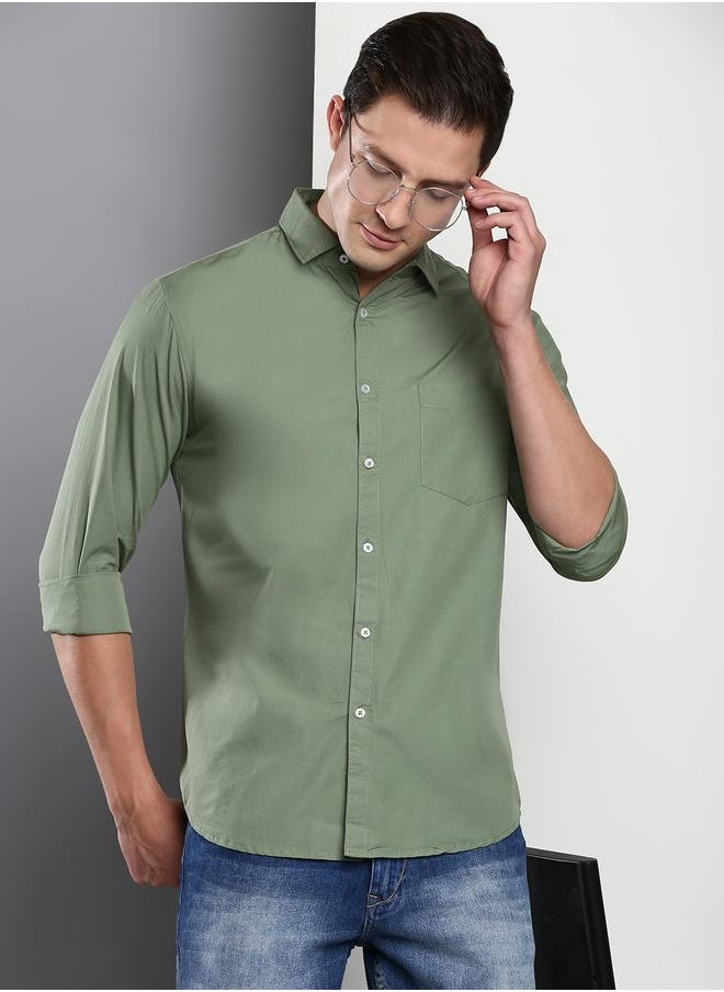 Dennis Lingo - Slim Fit Green Men's Casual Shirt, Spread Collar, Full Sleeves, 100% Cotton, - Image 1