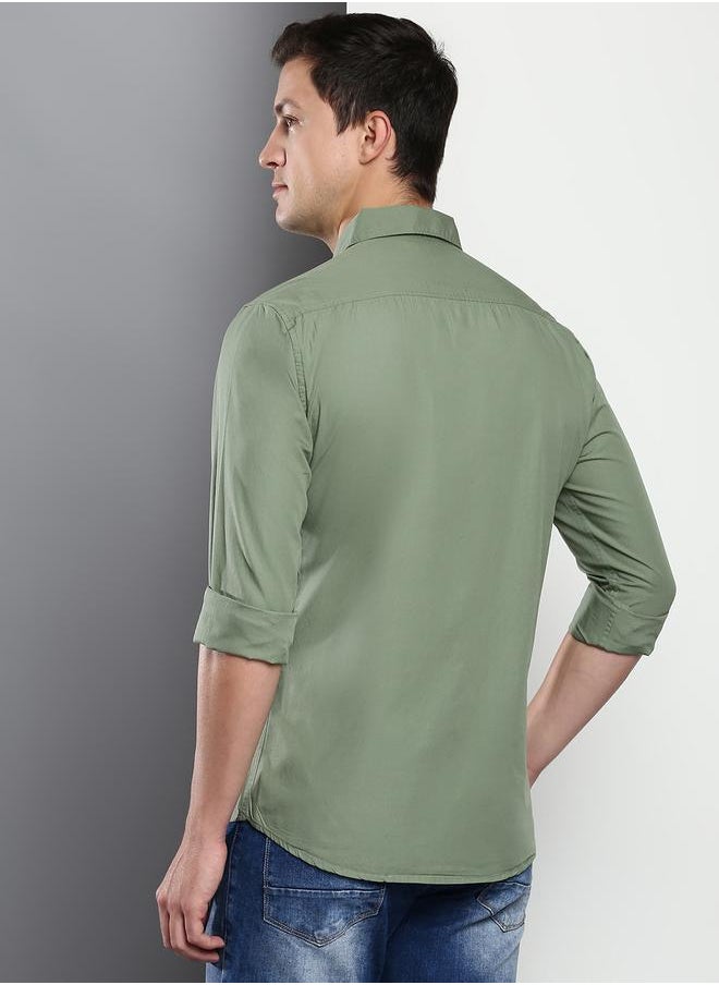 Dennis Lingo - Slim Fit Green Men's Casual Shirt, Spread Collar, Full Sleeves, 100% Cotton, - Image 1