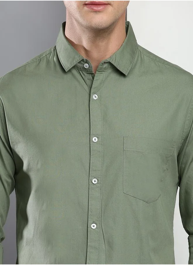 دينيس لينغو Slim Fit Green Men's Casual Shirt, Spread Collar, Full Sleeves, 100% Cotton