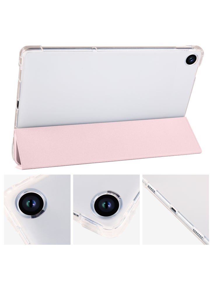 For Lenovo Tab M10 Plus (3rd Gen) Tri-Fold Stand Tablet Case Transparent Back PU Leather Flip Cover with Pencil Holder - Pink - Image 3