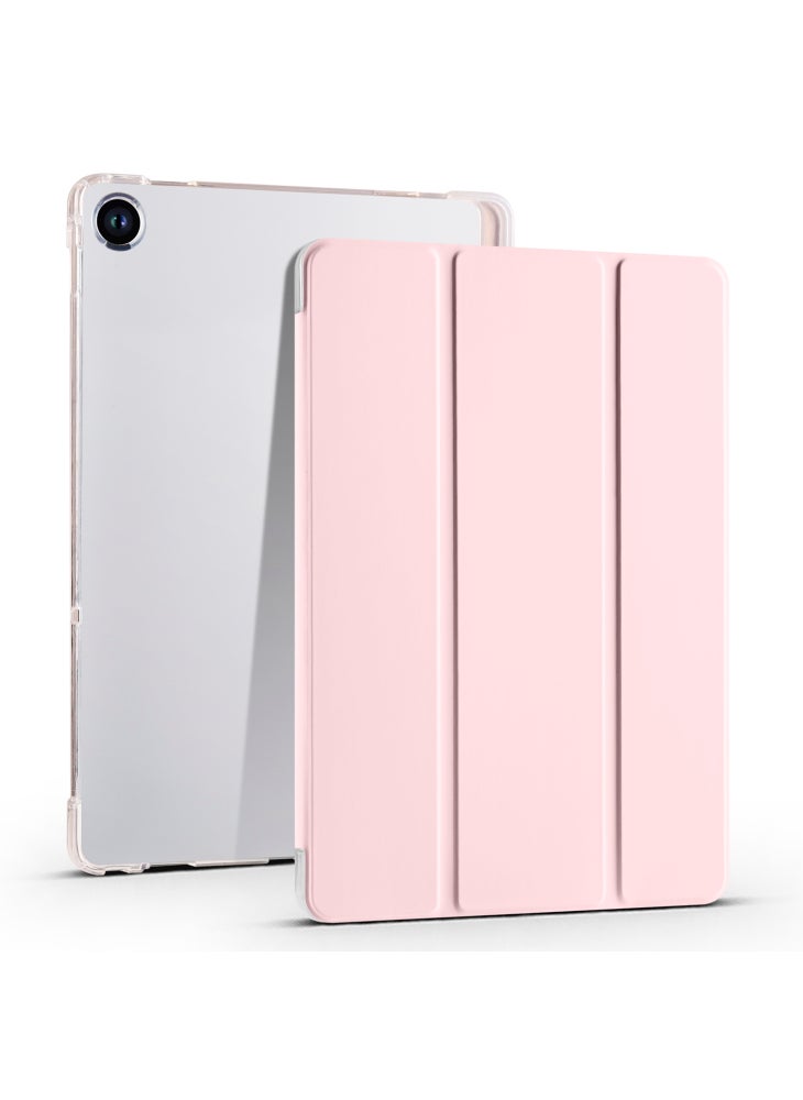 For Lenovo Tab M10 Plus (3rd Gen) Tri-Fold Stand Tablet Case Transparent Back PU Leather Flip Cover with Pencil Holder - Pink - Image 1