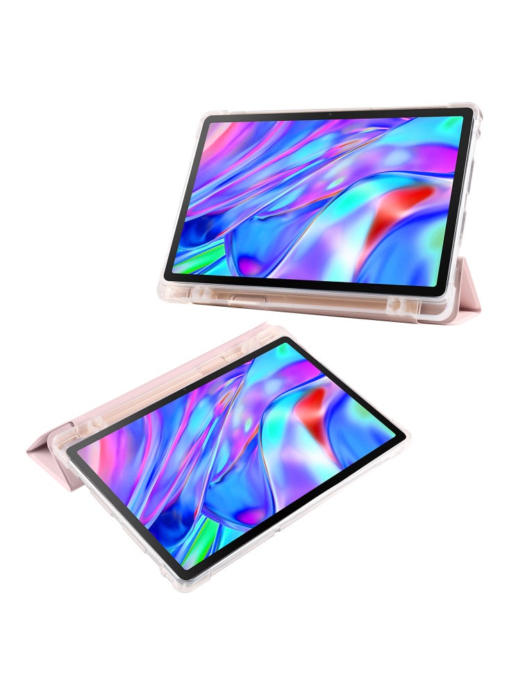 For Lenovo Tab M10 Plus (3rd Gen) Tri-Fold Stand Tablet Case Transparent Back PU Leather Flip Cover with Pencil Holder - Pink - Image 2