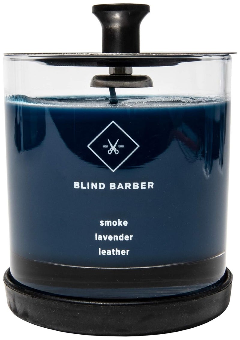 Blind Barber Tompkins Scented Candle - Long Lasting Soy Wax Man Candle in Barber Style Glass Jar with Notes of Leather, Smoke & Lavender - 40 Hour Burn Time (6.2 Ounce)