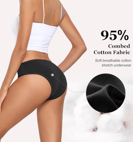 coskefy سروال داخلي للنساء من كوسكيفي قطن بارتفاع منخفض متوسط 6 قطع راحة امتصاص الرطوبة تنفس أسود - Image 3