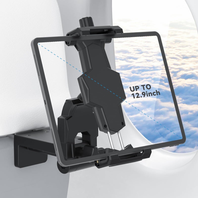 KDD Airplane Tablet Holder Mount, Adjustable Travel Essentials iPad Phone Stand with 360 Degree Rotation, Portable Tesla Model 3/Y Car Headrest Mount Compatible with iPad, Cell Phone - Image 1