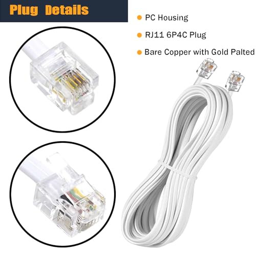 YIENFBEV 15FT Telephone Extension Cord Cable, Landline Phone Line Wire with RJ11 6P4C Plugs, Includes Cable Clips - White - 2 Pack - Image 2
