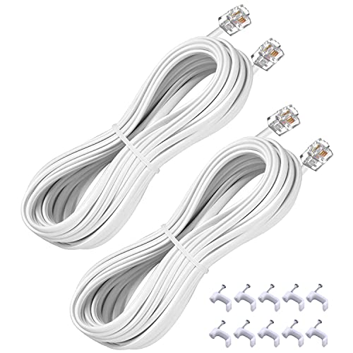 YIENFBEV 15FT Telephone Extension Cord Cable, Landline Phone Line Wire with RJ11 6P4C Plugs, Includes Cable Clips - White - 2 Pack - Image 1