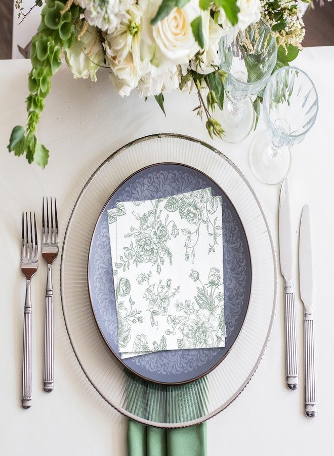 73Hours 100 Sage Green and White Toile Floral Cocktail Napkins Disposable Paper for Spring Wedding Holiday Birthday Party Baby Shower Tableware Decor - Image 3