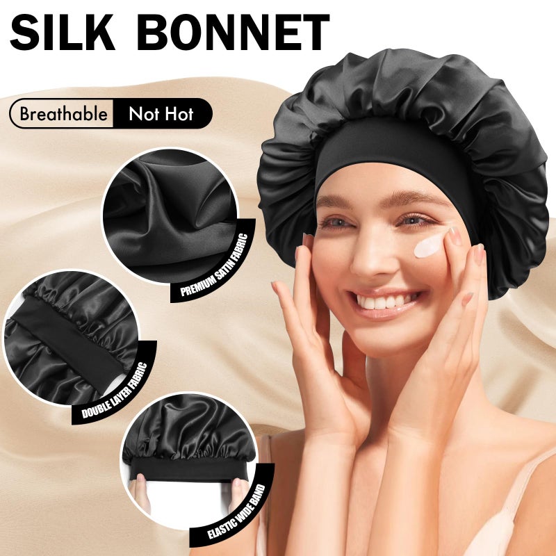 Doitory Satin Silk Bonnet for Sleeping, Double Layer Silk Sleep Cap for Men & Women, Soft Satin Lined Bonnet for Natural & Curly Hair(Black) - Image 3