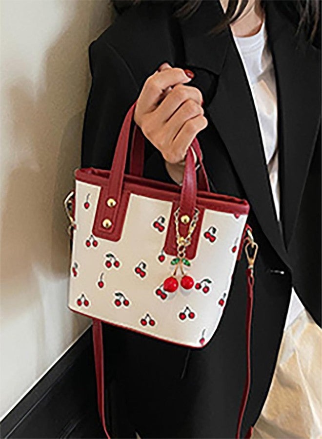 Alunsito Leather Tote Bag Cute Y2K Shoulder Purse Cherry Print Handbag with Top Handle, Clutch Satchel Pouch for Women - Image 3