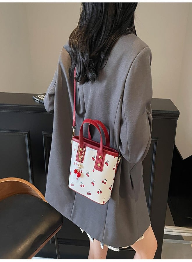 Alunsito Leather Tote Bag Cute Y2K Shoulder Purse Cherry Print Handbag with Top Handle, Clutch Satchel Pouch for Women - Image 2