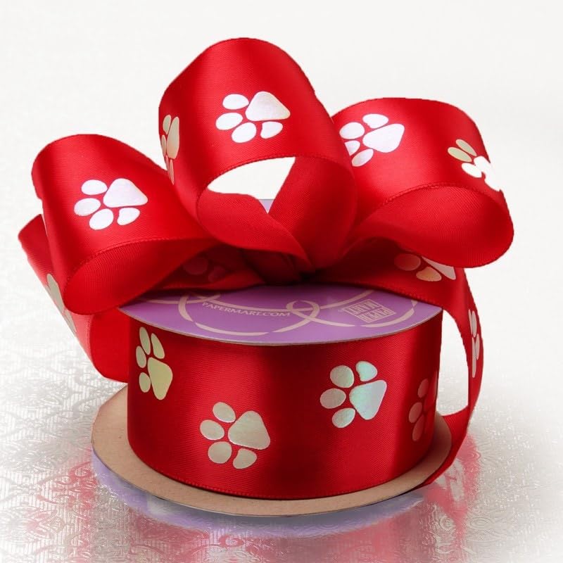 Paper Mart 1 1/2" X 10 Yards Iridescent Paw Print Red Satin Ribbon - Image 4