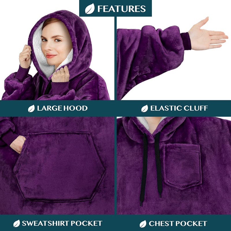 PAVILIA PAVILIA Blanket Hoodie for Women Purple  Sherpa Wearable Blanket Men  Cozy Oversized Sweatshirt Blanket  Warm Fleece Hooded Blanket Sweater with Sleeves and Giant Pocket  Purple - Image 3
