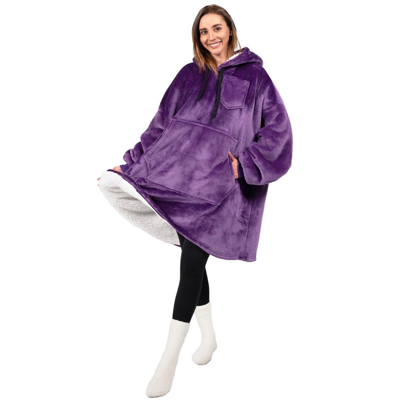 PAVILIA PAVILIA Blanket Hoodie for Women Purple  Sherpa Wearable Blanket Men  Cozy Oversized Sweatshirt Blanket  Warm Fleece Hooded Blanket Sweater with Sleeves and Giant Pocket  Purple - Image 4