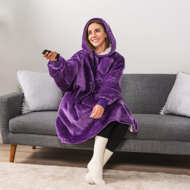 PAVILIA PAVILIA Blanket Hoodie for Women Purple  Sherpa Wearable Blanket Men  Cozy Oversized Sweatshirt Blanket  Warm Fleece Hooded Blanket Sweater with Sleeves and Giant Pocket  Purple - Image 2