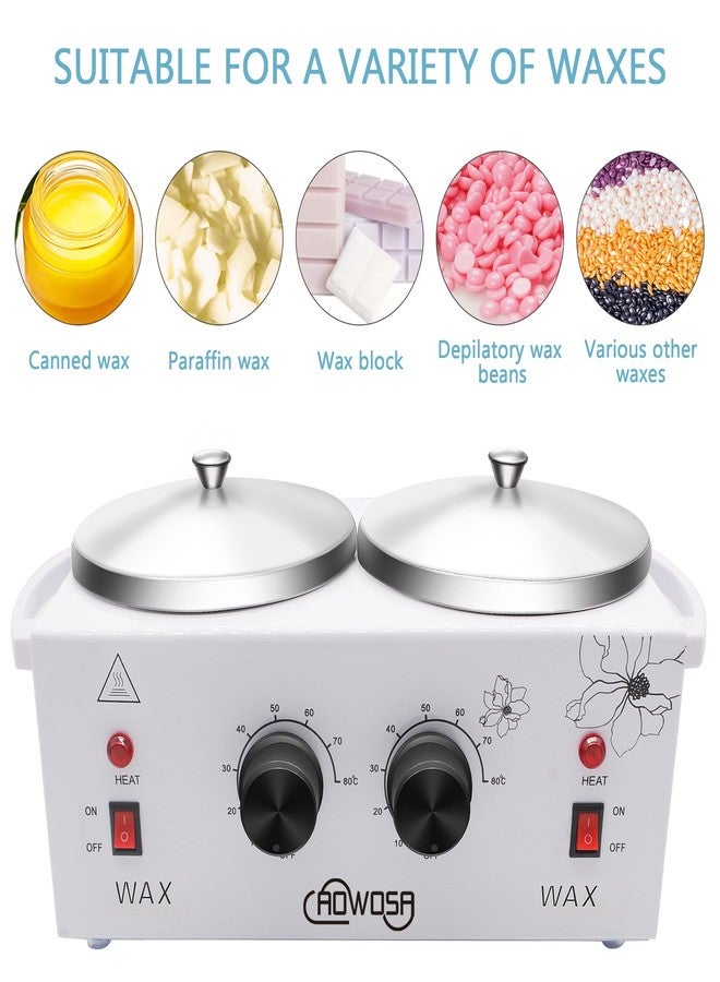 AOWOSA Professional Waxing Kit Wax Warmer Double Pot Wax Heater Machine for Hair Removal, Large Waxing Pot for Spa Salon Beauty Esthetician Home, with Adjustable Temperature Set, 50 Stick & 20 Collar(White) - Image 2